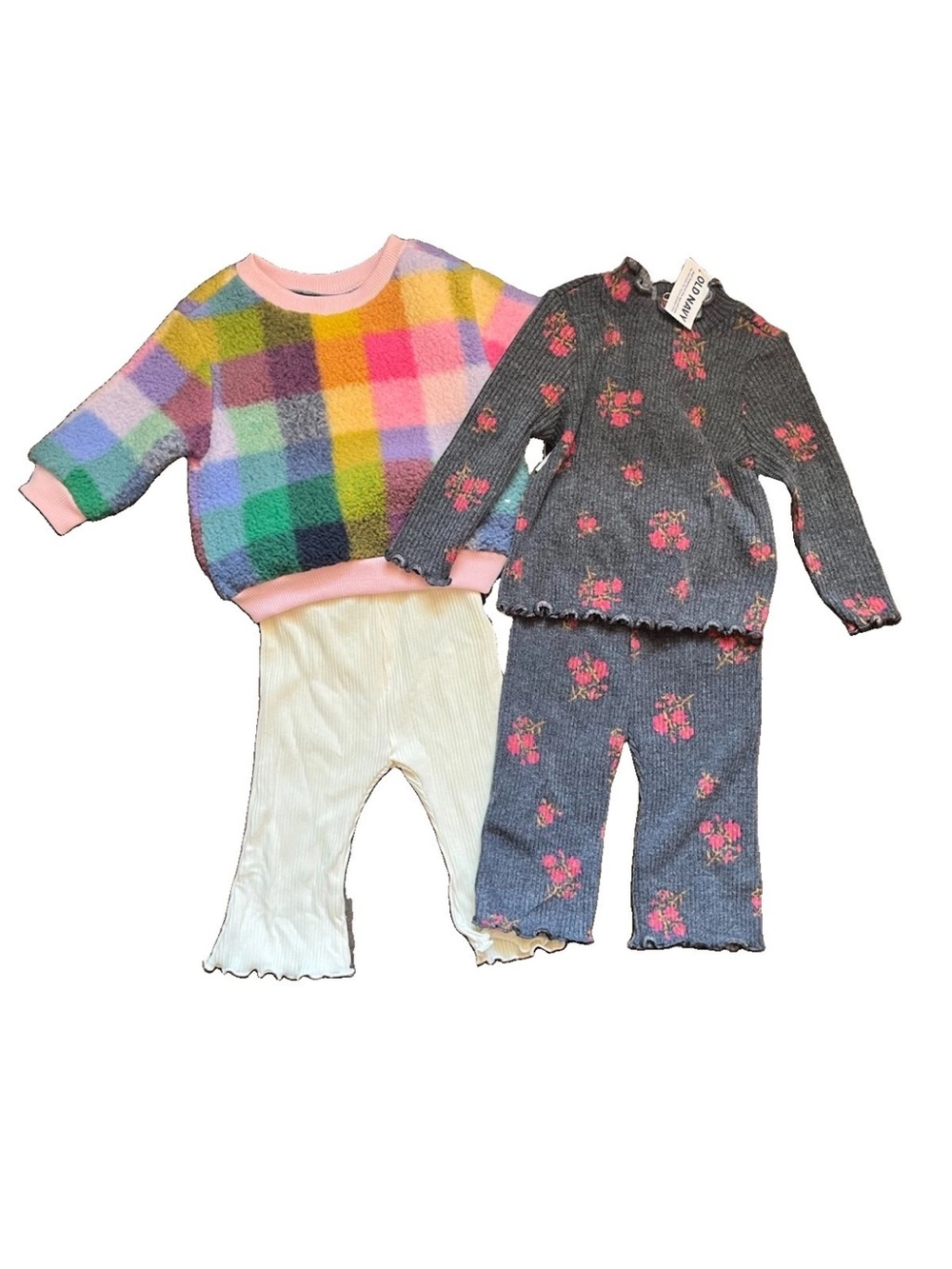 Old Navy Lot Of 2 Outfits Pants Fleece Sweatshirt Plaid Floral Set 3-6 Month NWT